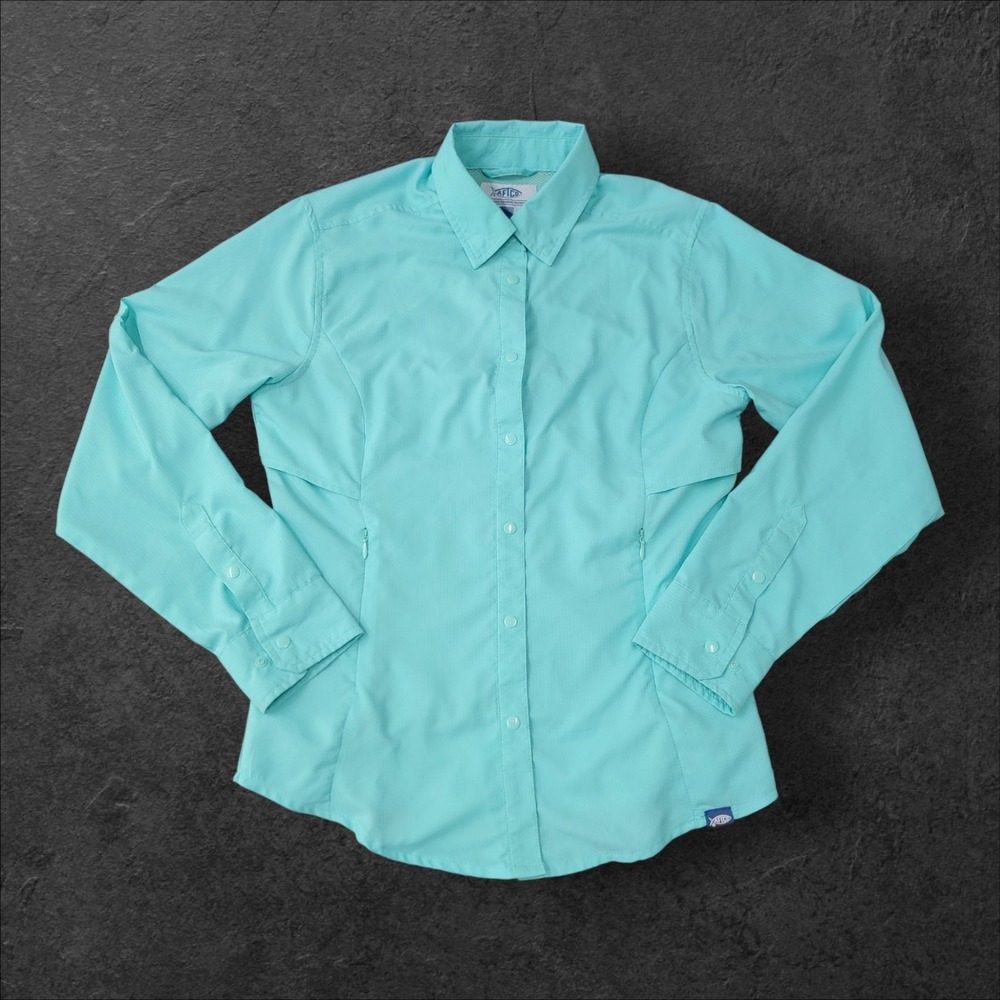 Aftco Vented Snap Fishing Shirt Womens Small Aqua Blue Green Long Sleeve